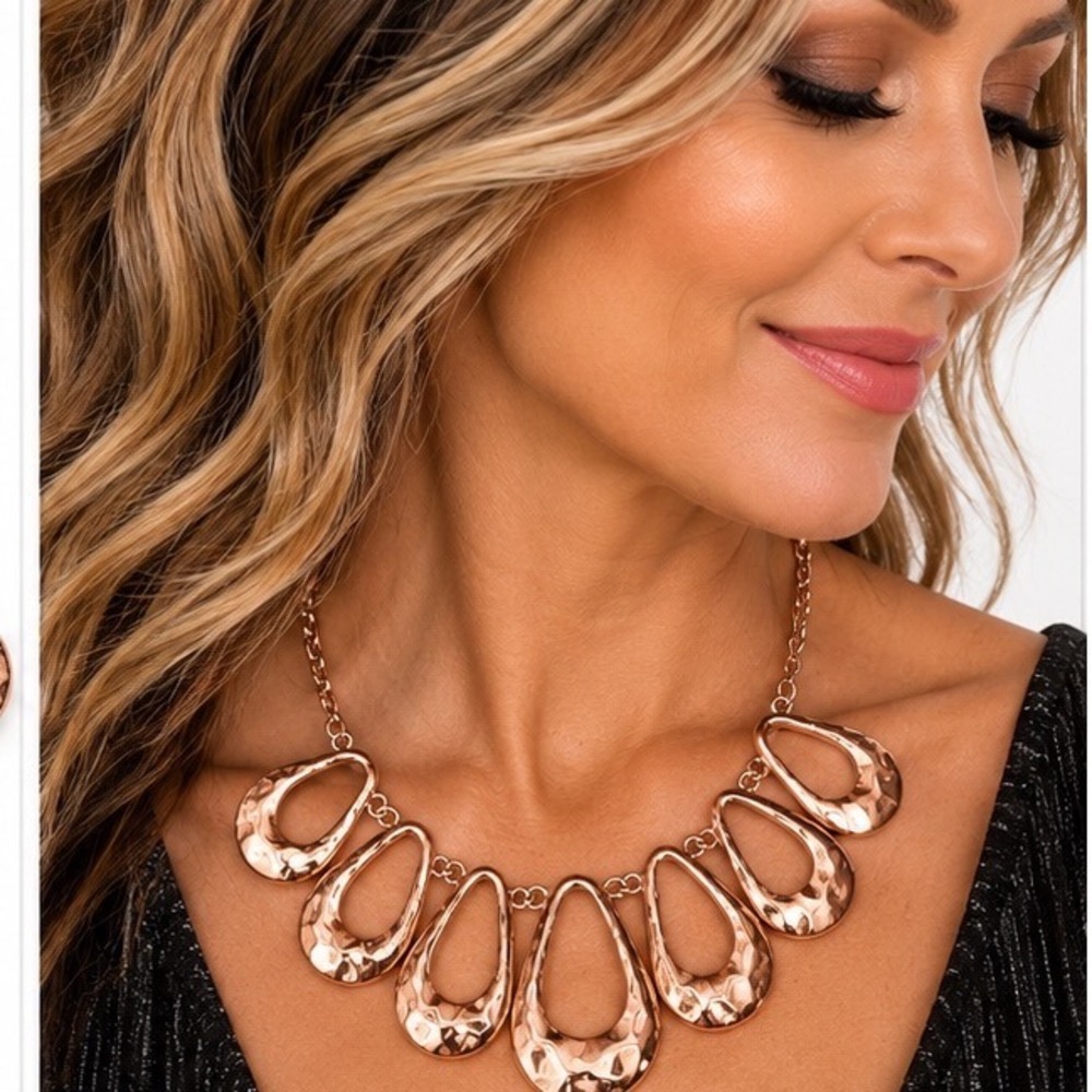 Copper Gold Hammered Teardrop Bib Statement Necklace Adjustable Clasp